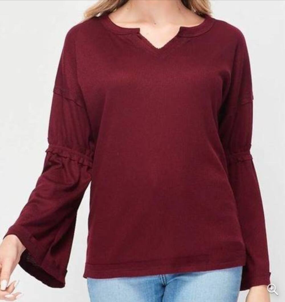 Baea bordeaux Flare Sleeve XL extra large V Neck Waffle Knit Thermal Top Shirt